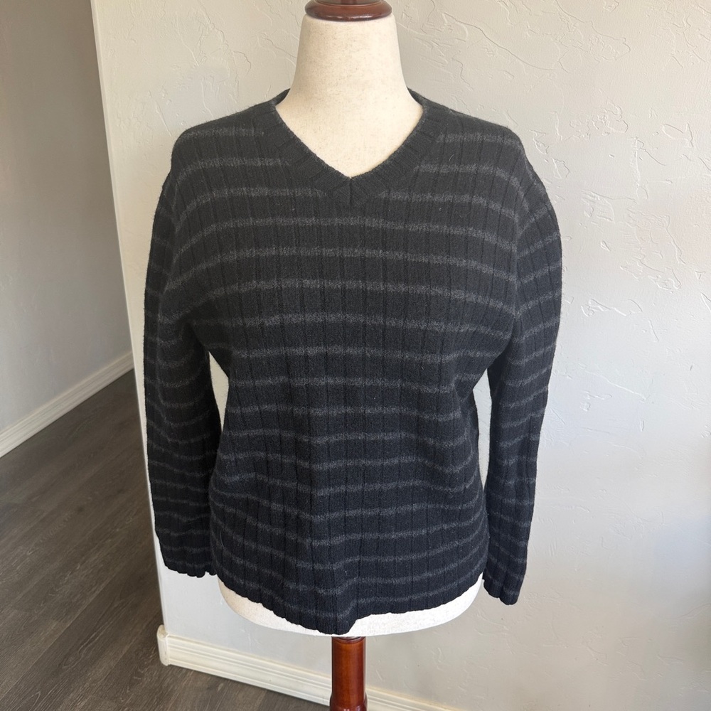 Vintage Banana Republic Black and Charcoal Striped 100% Wool Pullover. XL